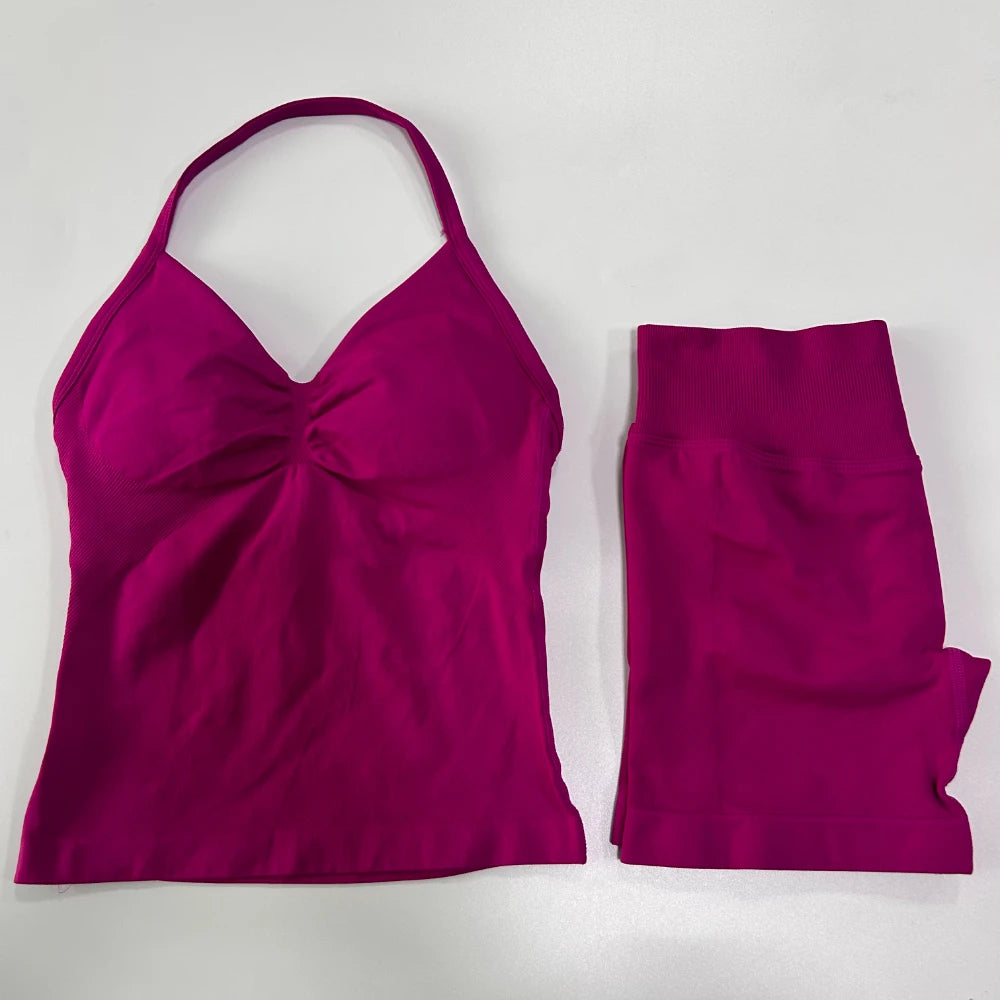 2Pcs Women Backless Tank Tops High Waist Shorts Activewear Workout Sets