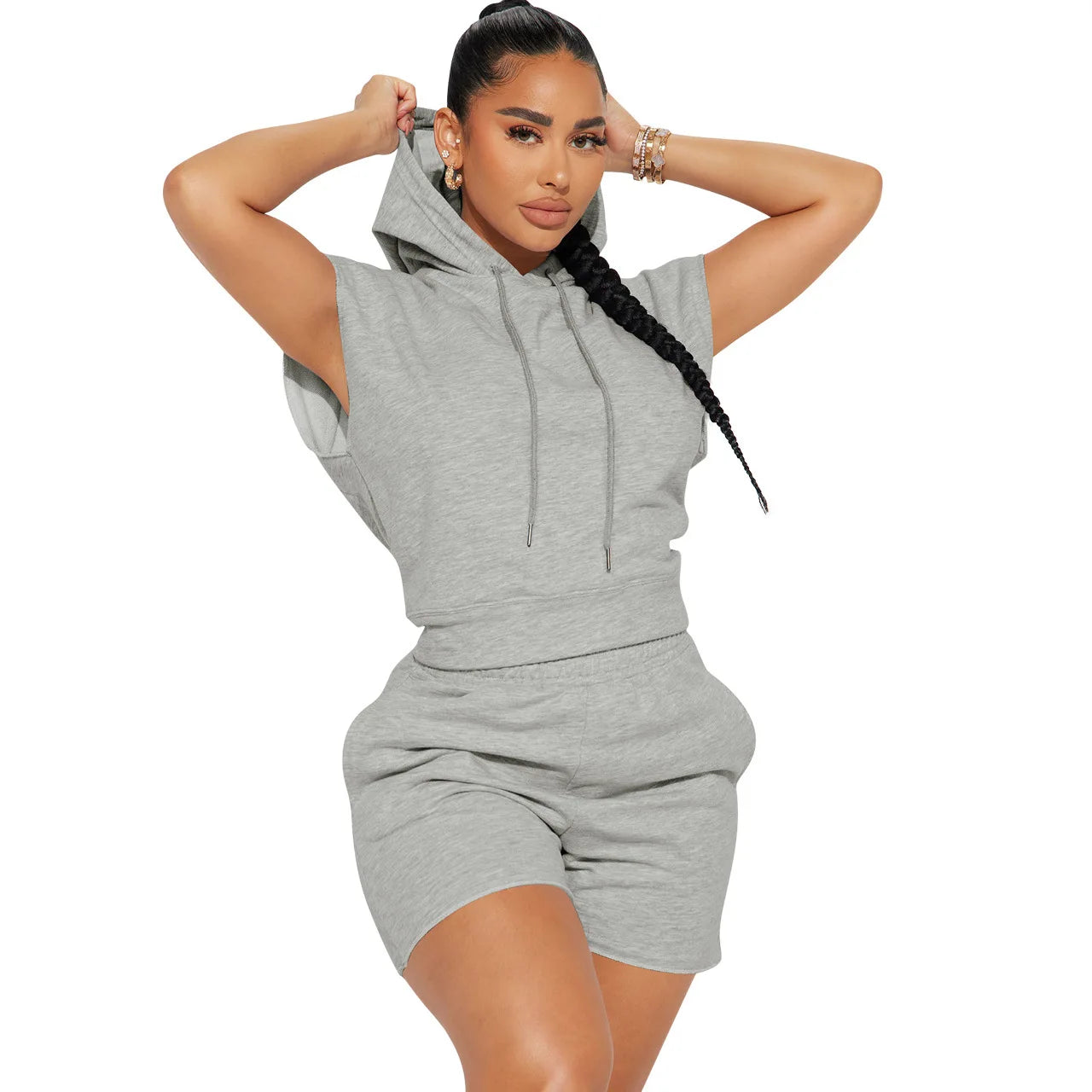 Casual Sports Short Sleeved Hooded Shirts And Shorts Two Piece Set