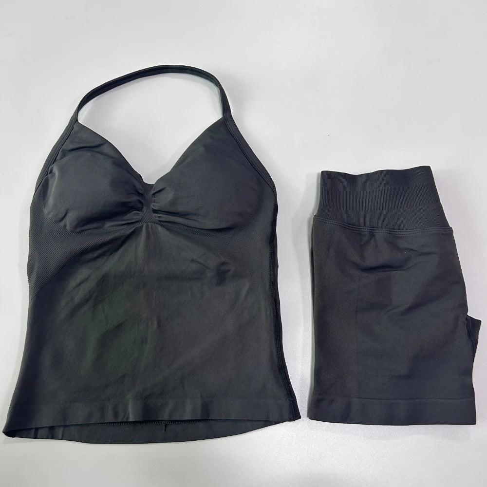 2Pcs Women Backless Tank Tops High Waist Shorts Activewear Workout Sets