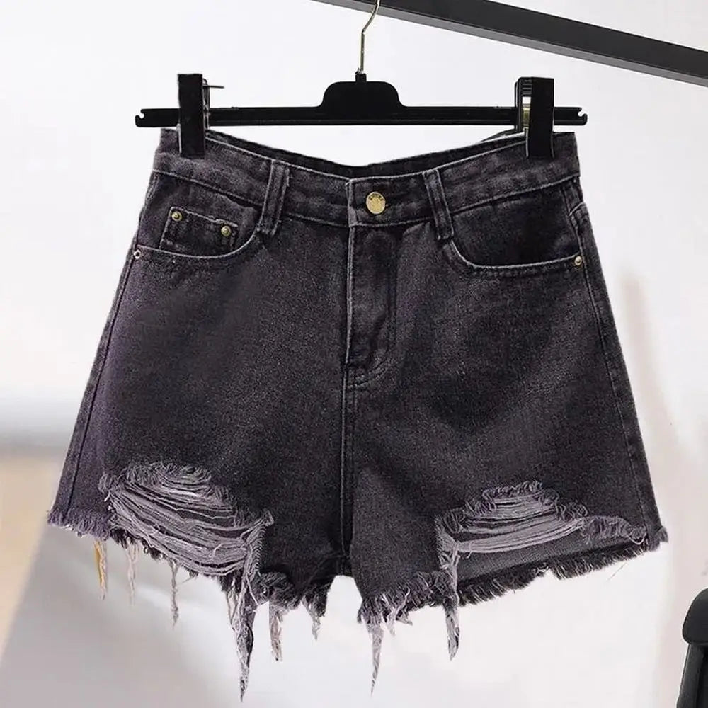 Cowboy High Waist Casual Denim Shorts Pocket Tassel Perforated Ripped Holes