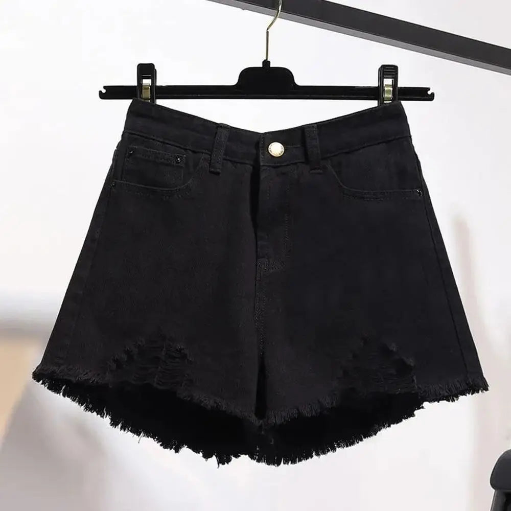 Cowboy High Waist Casual Denim Shorts Pocket Tassel Perforated Ripped Holes
