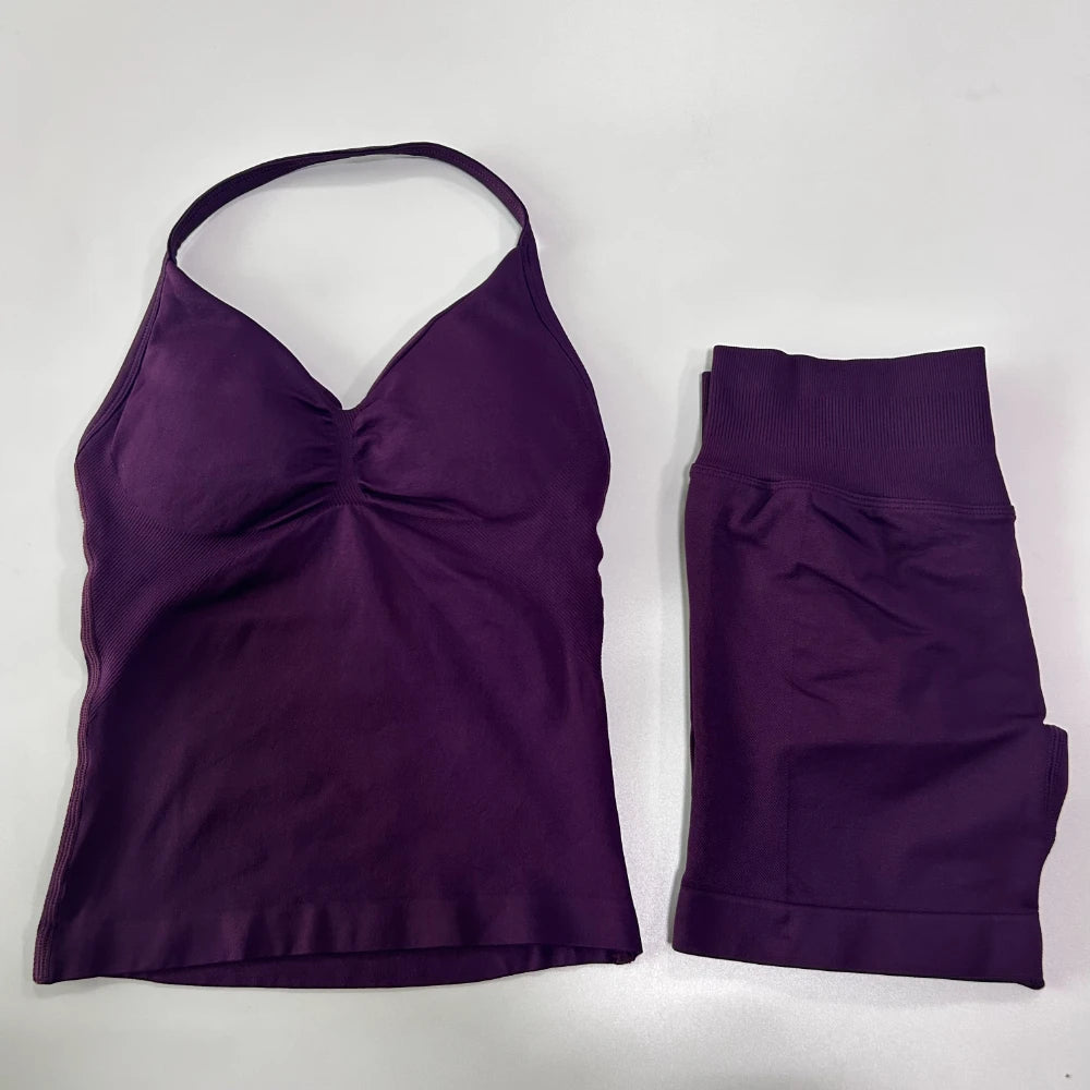 2Pcs Women Backless Tank Tops High Waist Shorts Activewear Workout Sets