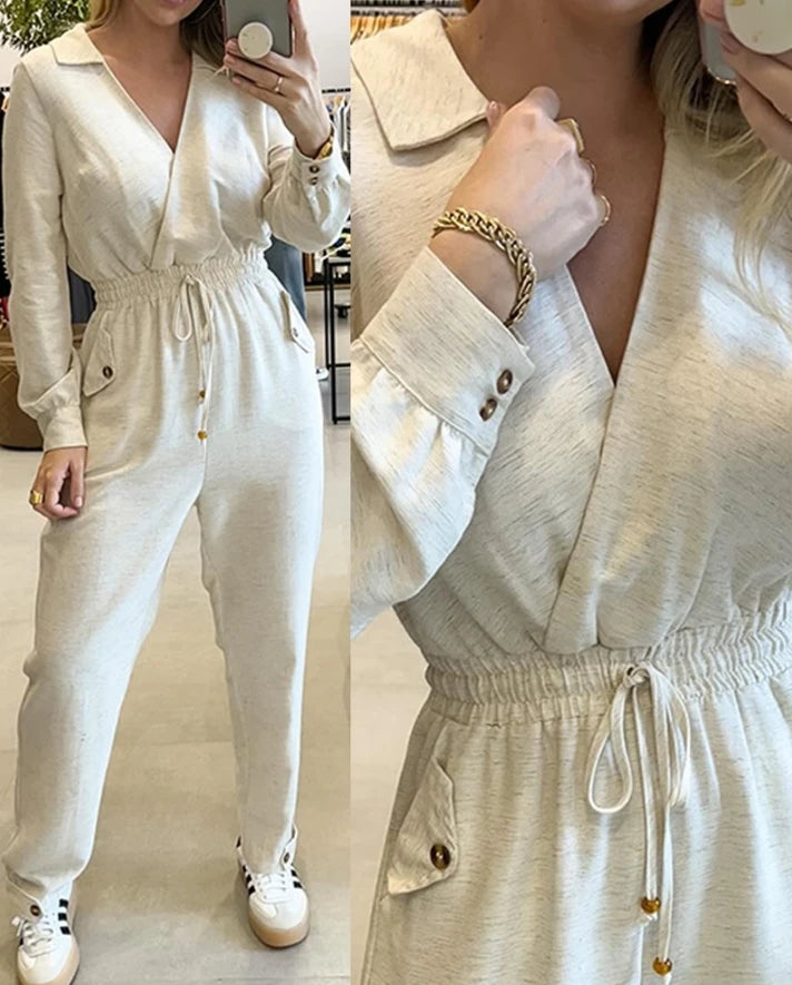 Casual Women Jumpsuit V-Neck Turn-Down Collar Long Sleeve Button Playsuit