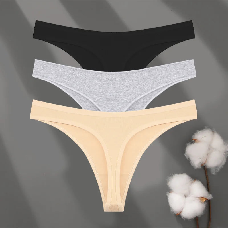 3Pcs/set Cotton Low Waist Breathable Thongs Sexy Solid Sport G-String Soft Lingerie