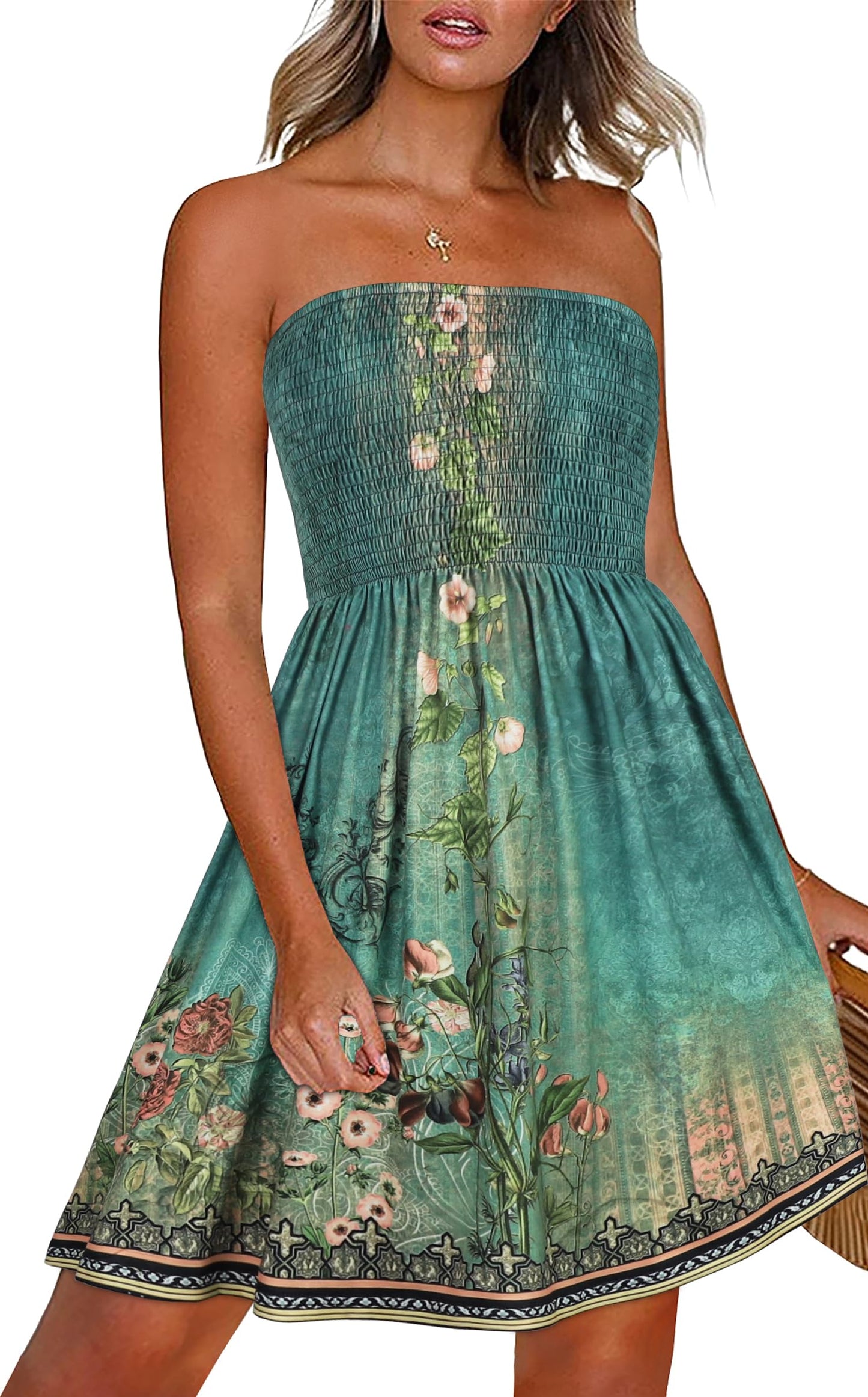 Strapless Boho Floral Print Sundress