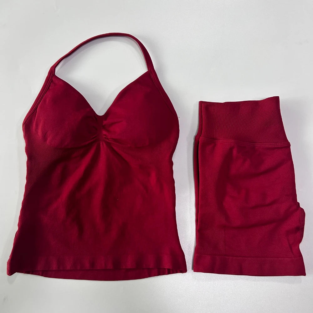2Pcs Women Backless Tank Tops High Waist Shorts Activewear Workout Sets