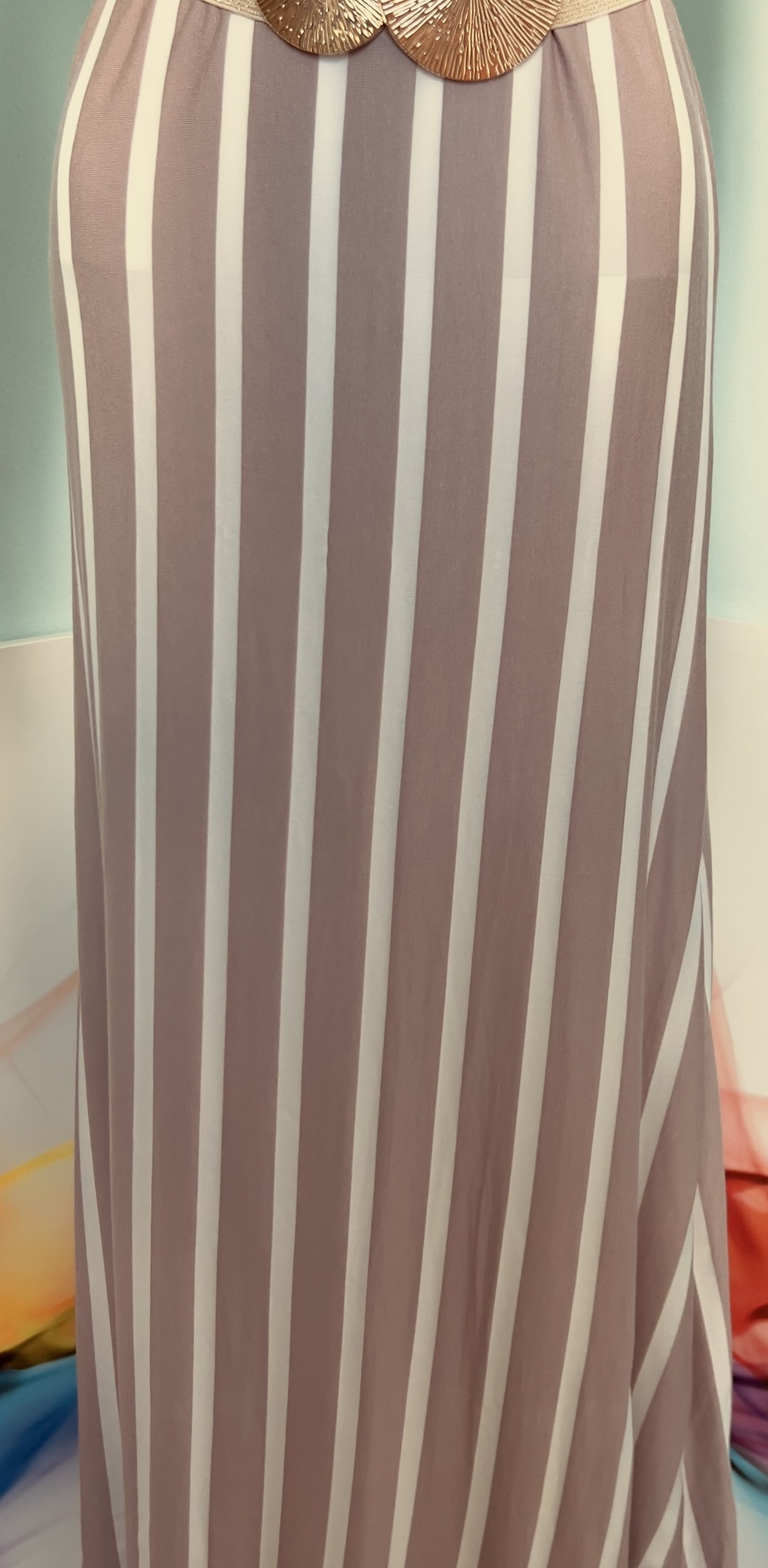 White Stripe Purple A-Line Long Sleevless Dress(Belt not included)