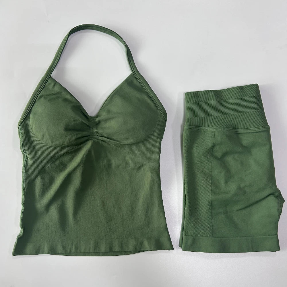 2Pcs Women Backless Tank Tops High Waist Shorts Activewear Workout Sets