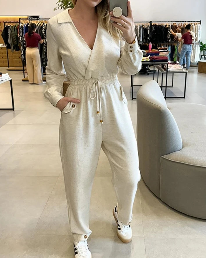 Casual Women Jumpsuit V-Neck Turn-Down Collar Long Sleeve Button Playsuit