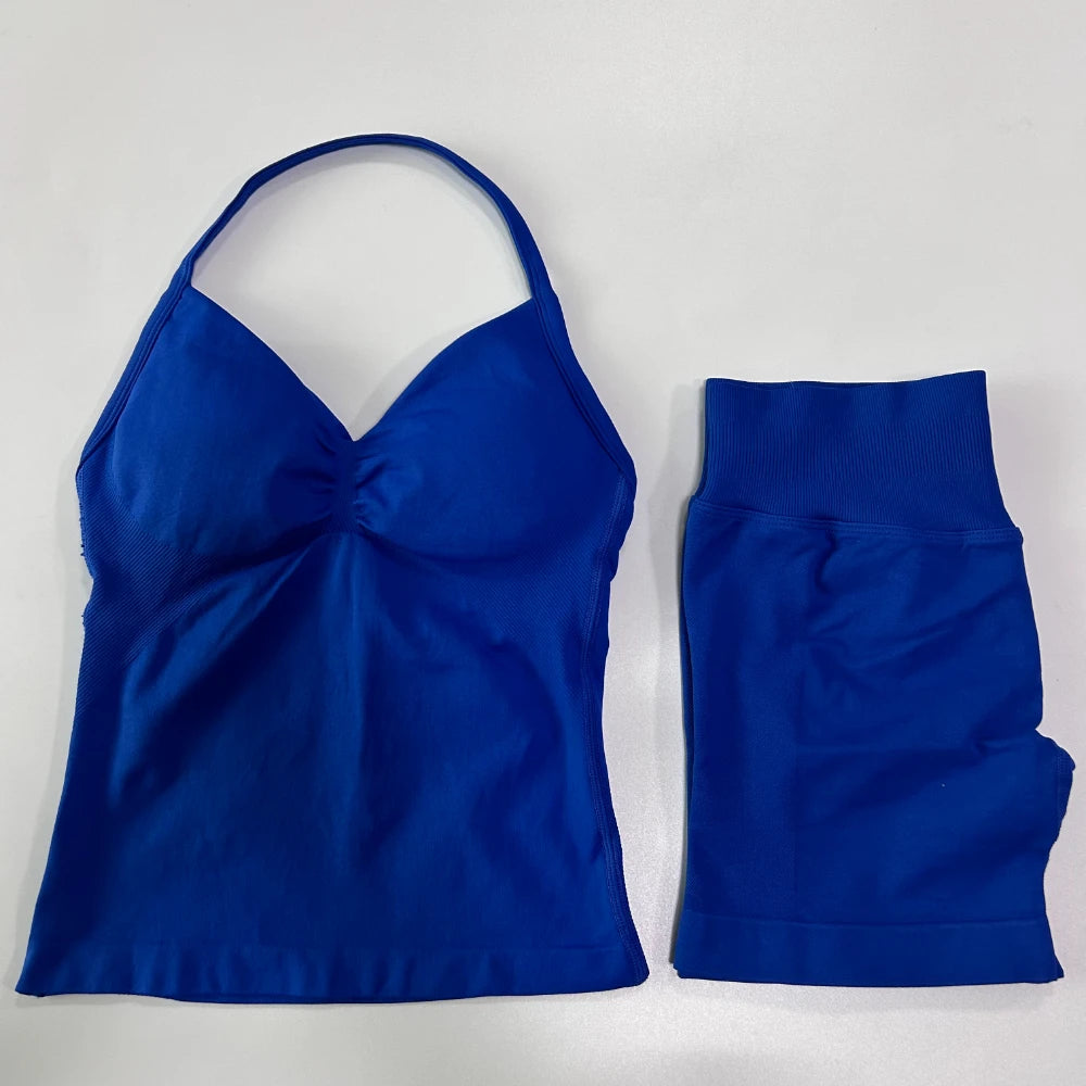 2Pcs Women Backless Tank Tops High Waist Shorts Activewear Workout Sets