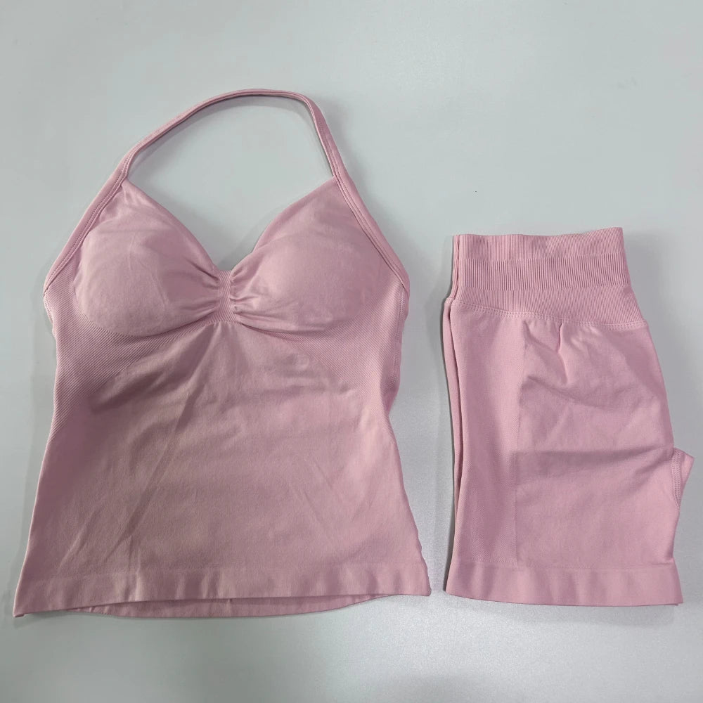 2Pcs Women Backless Tank Tops High Waist Shorts Activewear Workout Sets