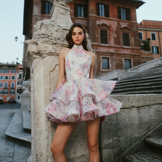Backless Sleeveless Floral Print Mini Dress