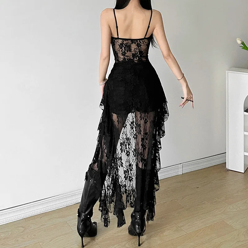 Sexy See Through Mesh Ruffled Split Black Dress