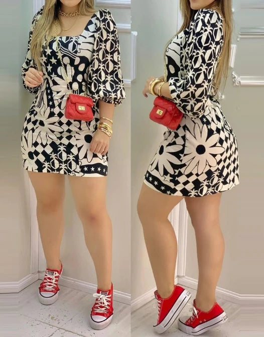 Sexy Elegant Floral Print 3/4 Sleeve Dress