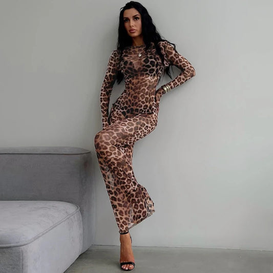 Mesh O Neck Long Sleeve Sexy See Through Leopard Print Maxi Dress