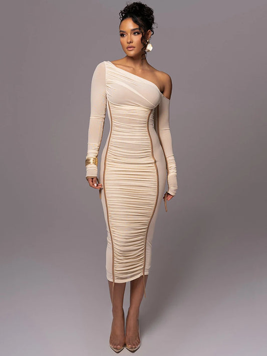 Diagonal Collar Long Sleeve Backless Dress