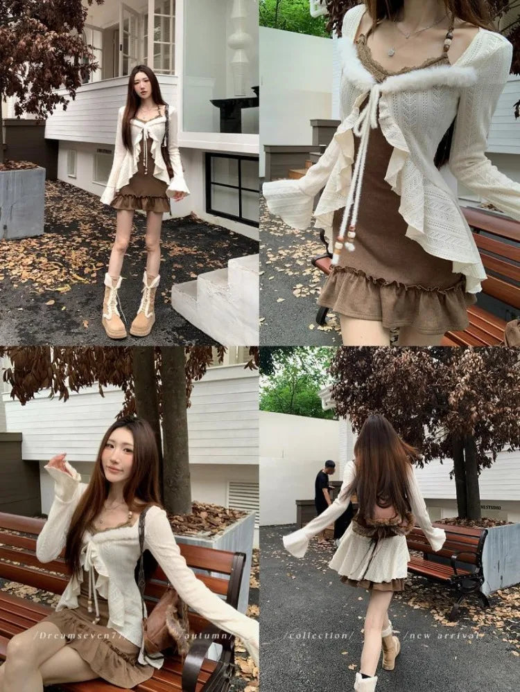 American Retro Slim Fit Camisole Dress And Long Sleeve Knitted Cardigan