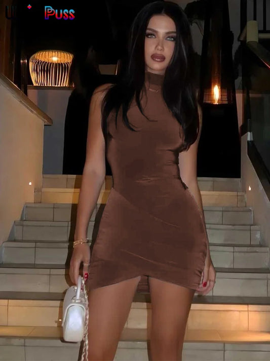 Weird Puss Cross Sleeveless High Collar Ruffles Mini Dress