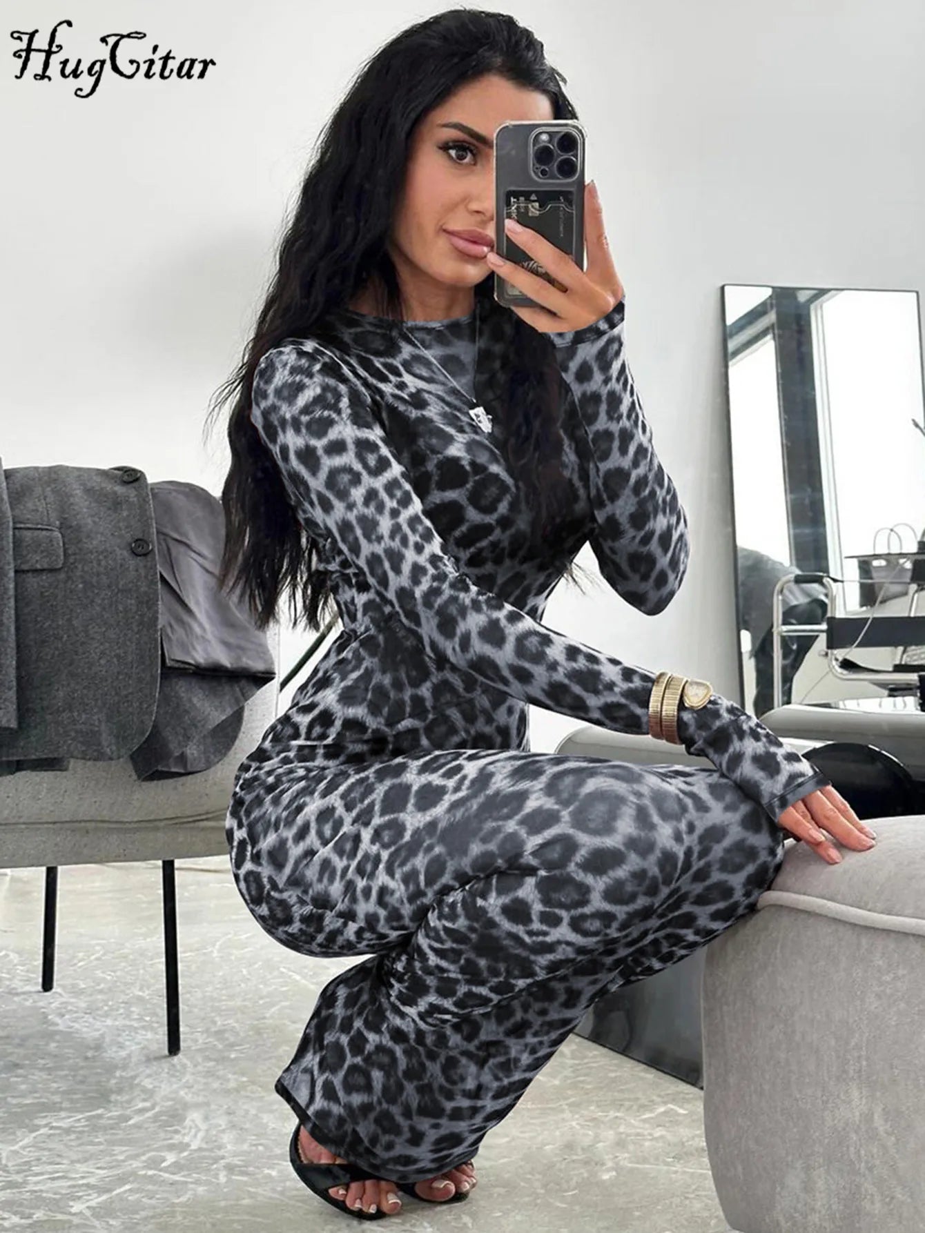 Woman's Leopard Print Mesh Long Sleeve Sexy Slim  See Through Maxi Dress