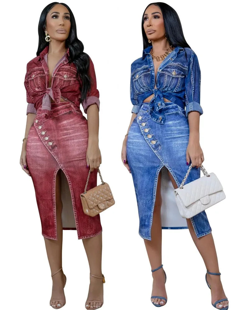 2 Pieces Set Long Sleeve Shirt And Pencil Slit Midi Skirt