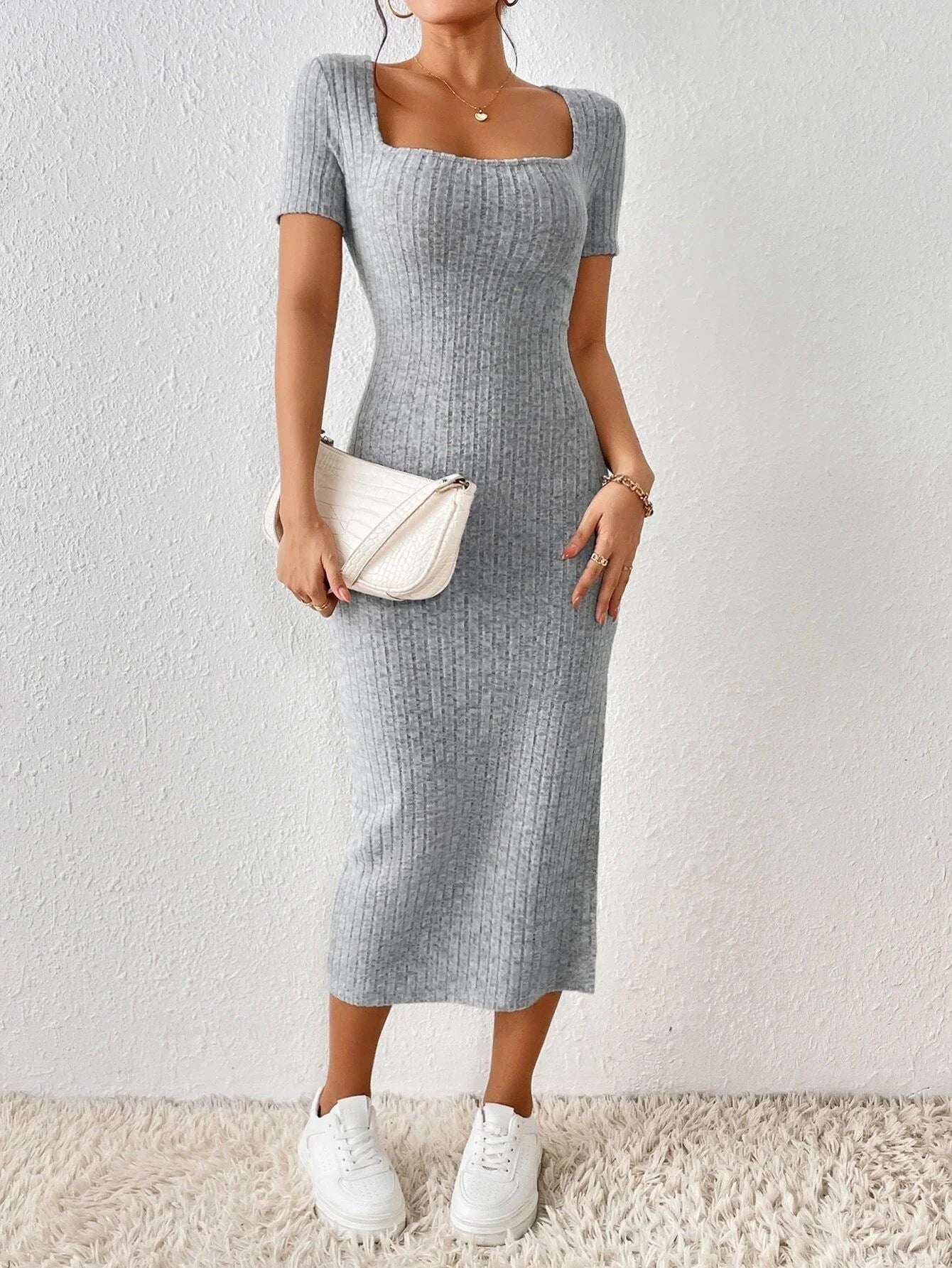 Summer Style Knitted Short Sleeve Square Collar Side Slit Dress