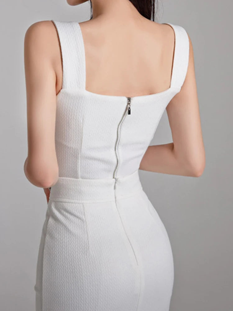 Elegant Chic Strap Short Cropped Tops Shirt Blouse and High Waist Midi Skirt