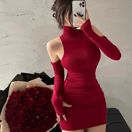 Summer New Mini Slim Fitting High Neck Long Sleeve Woman's Dress
