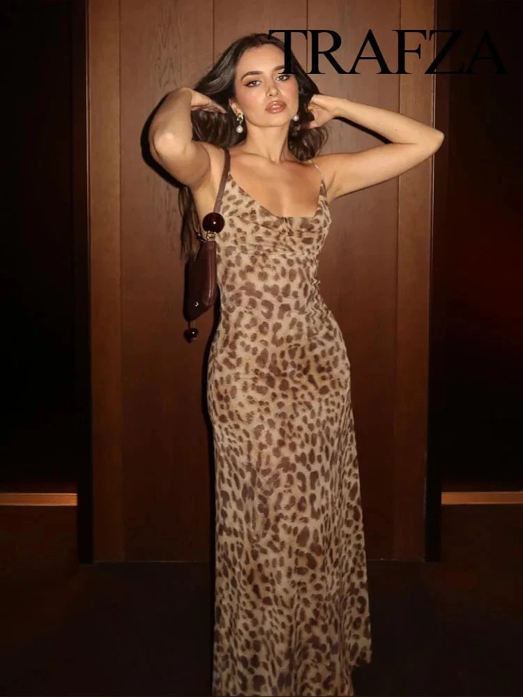 Leopard Print Sleeveless Backless Maxi Summer Dress