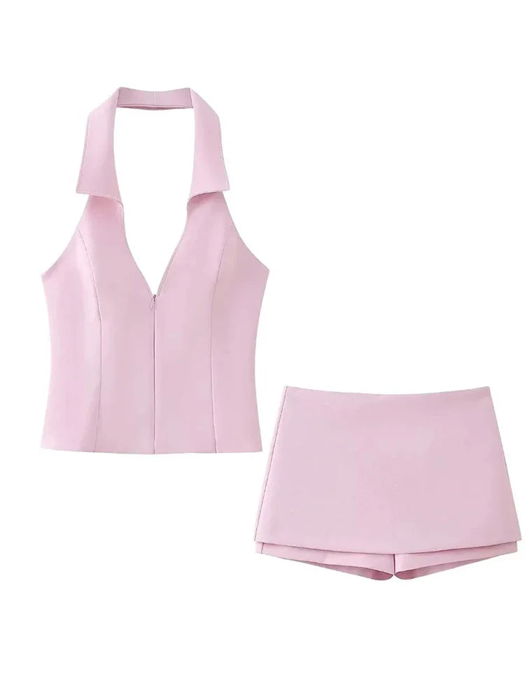 V neck sleeveless top and skort set