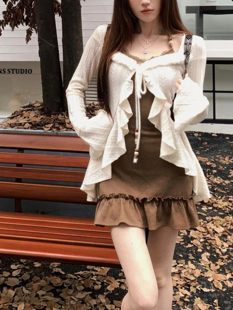 American Retro Slim Fit Camisole Dress And Long Sleeve Knitted Cardigan