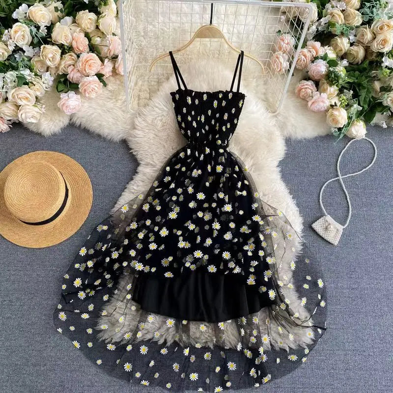 Summer New Floral Sleeveless Spaghetti Strap Backless Mid Long Woman's Dress