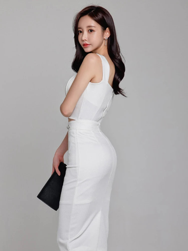 Elegant Chic Strap Short Cropped Tops Shirt Blouse and High Waist Midi Skirt