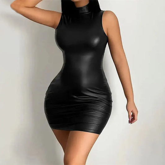 Sleeveless Slim Elastic Leather Mini Short Dress