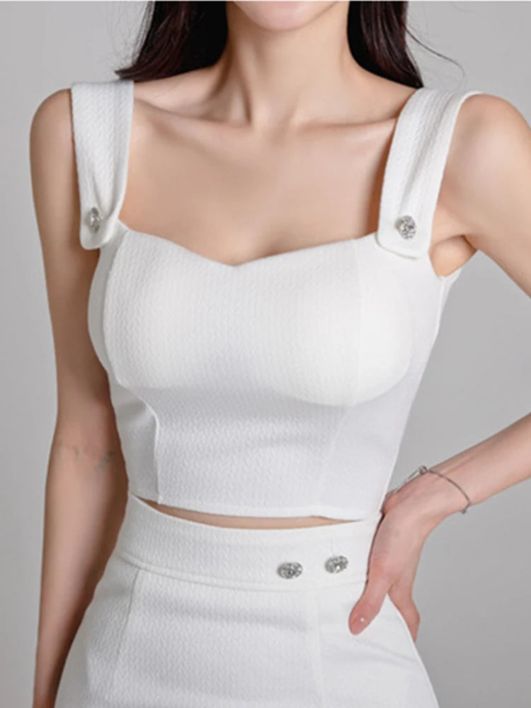 Elegant Chic Strap Short Cropped Tops Shirt Blouse and High Waist Midi Skirt