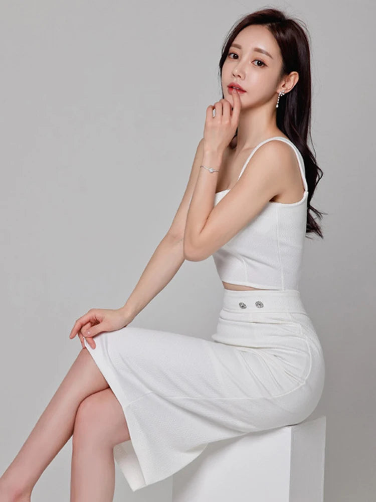 Elegant Chic Strap Short Cropped Tops Shirt Blouse and High Waist Midi Skirt