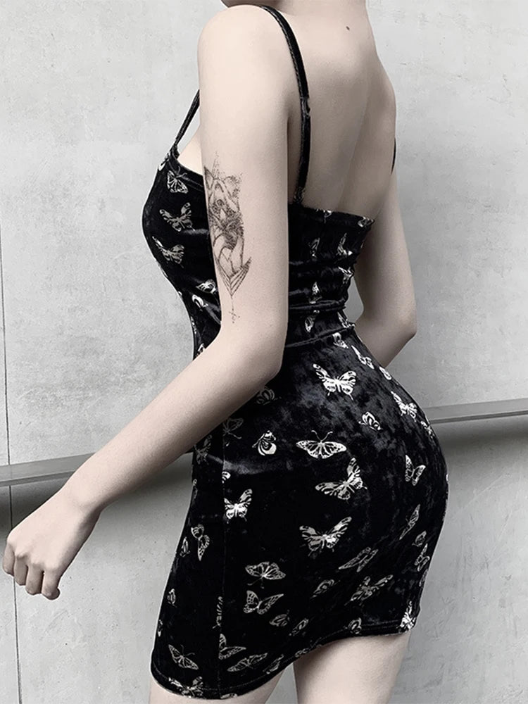 Harajuku Gothic Spaghetti Strap Backless Off Shoulder Dresses