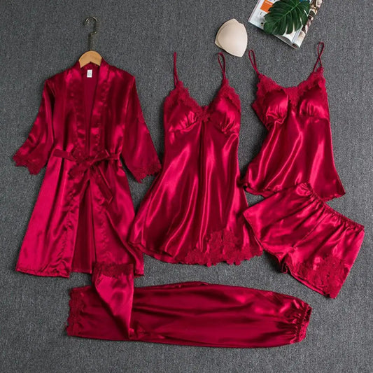 5 Pieces Pajamas Set Satin Lace Gown Lingerie