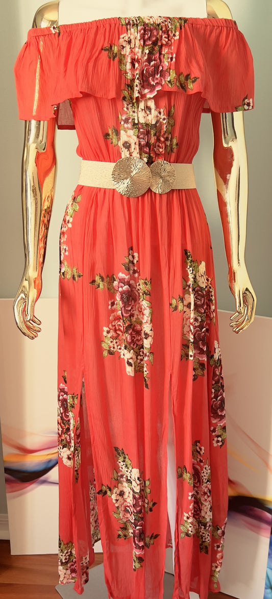 Boho Long Orange Red Floral Beach/Summer Dress (belt not included)