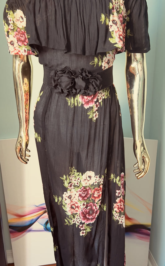 Boho Long Slit Black Floral Summer Casual/ Beach Dress (belt not included)