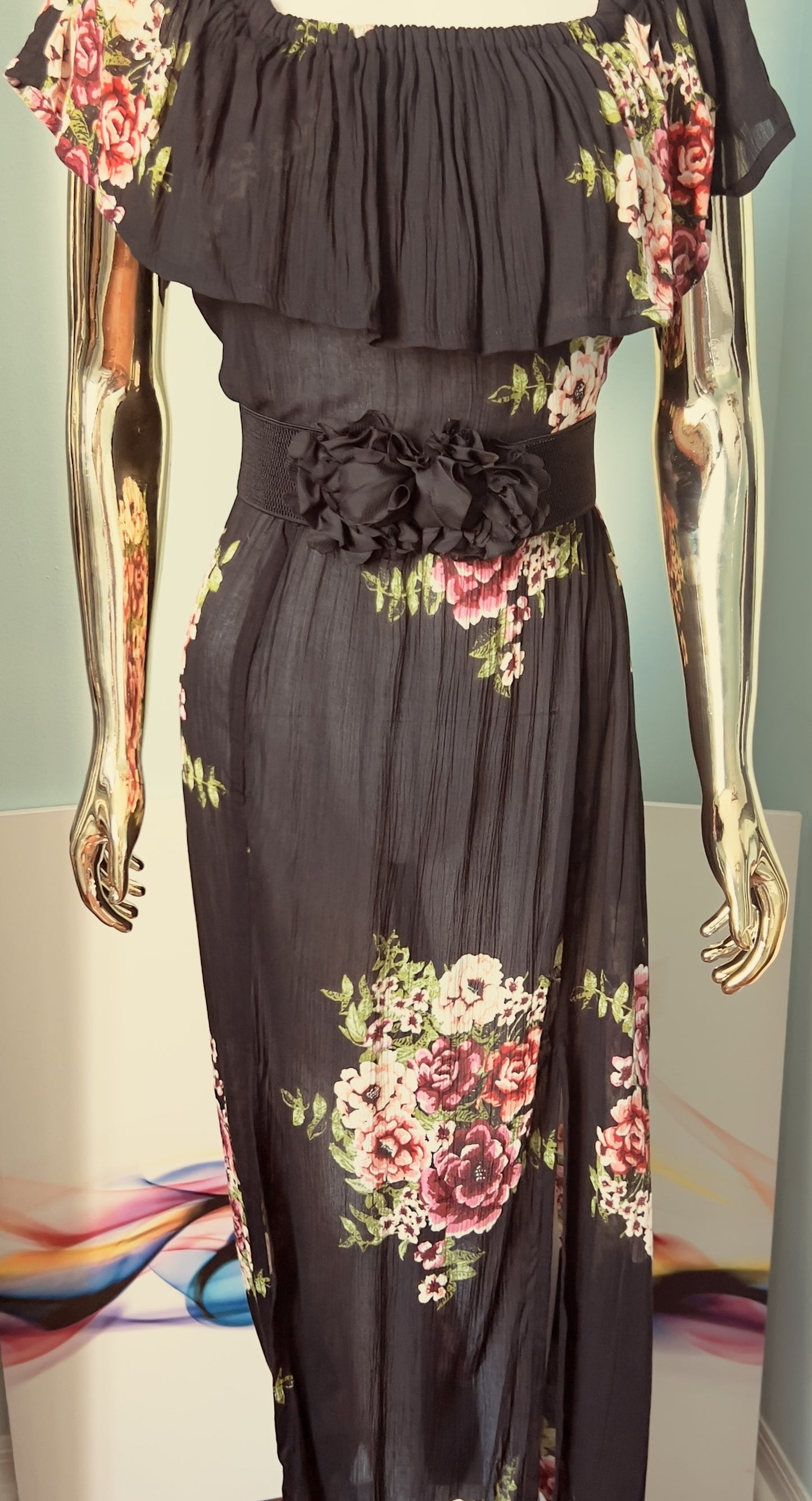 Boho Long Slit Black Floral Summer Casual/ Beach Dress (belt not included)