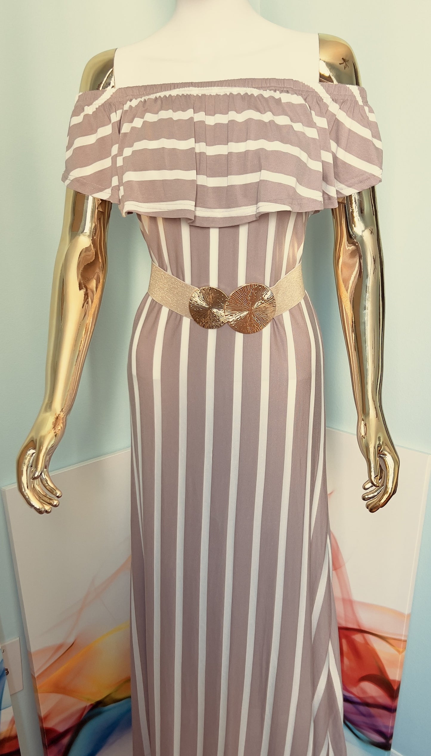 White Stripe Purple A-Line Long Sleevless Dress(Belt not included)