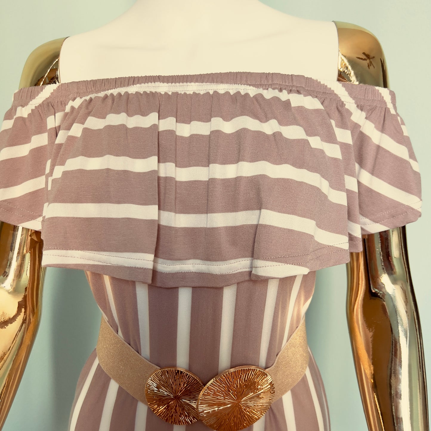 White Stripe Purple A-Line Long Sleevless Dress(Belt not included)