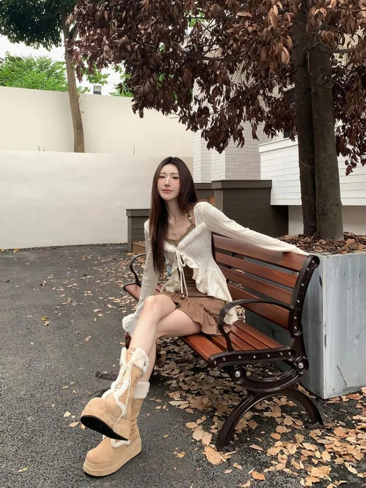 American Retro Slim Fit Camisole Dress And Long Sleeve Knitted Cardigan
