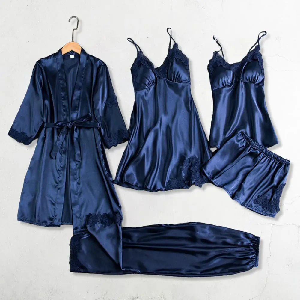 5 Pieces Pajamas Set Satin Lace Gown Lingerie