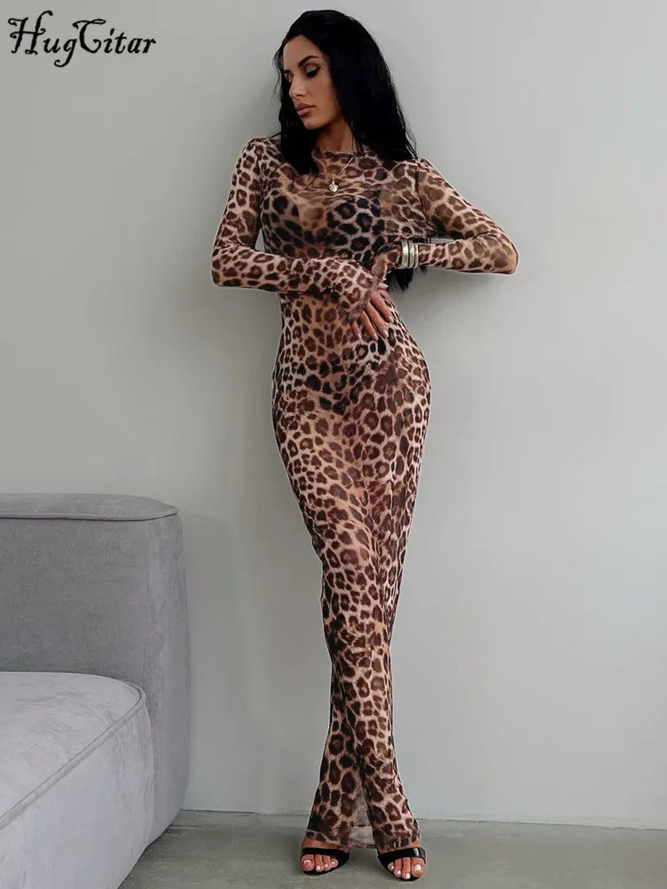Woman's Leopard Print Mesh Long Sleeve Sexy Slim  See Through Maxi Dress