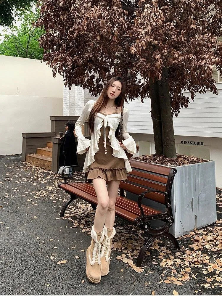 American Retro Slim Fit Camisole Dress And Long Sleeve Knitted Cardigan