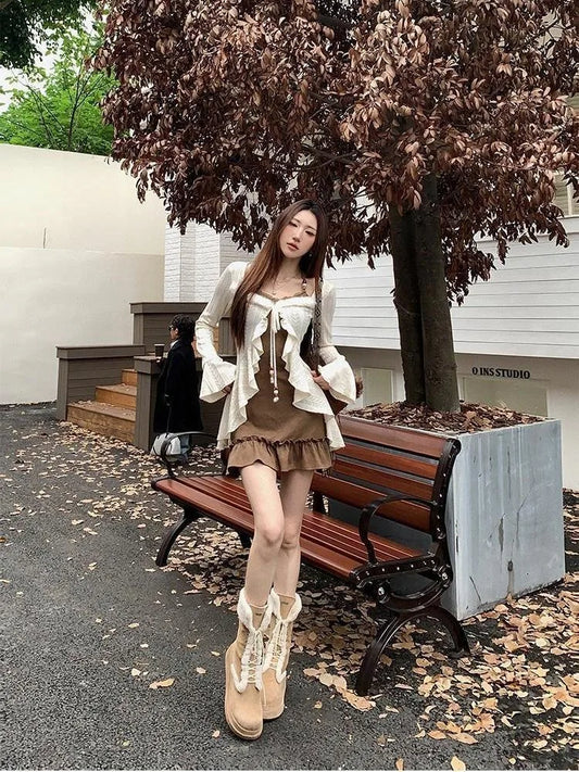 American Retro Slim Fit Camisole Dress And Long Sleeve Knitted Cardigan