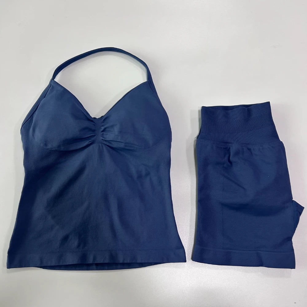 2Pcs Women Backless Tank Tops High Waist Shorts Activewear Workout Sets