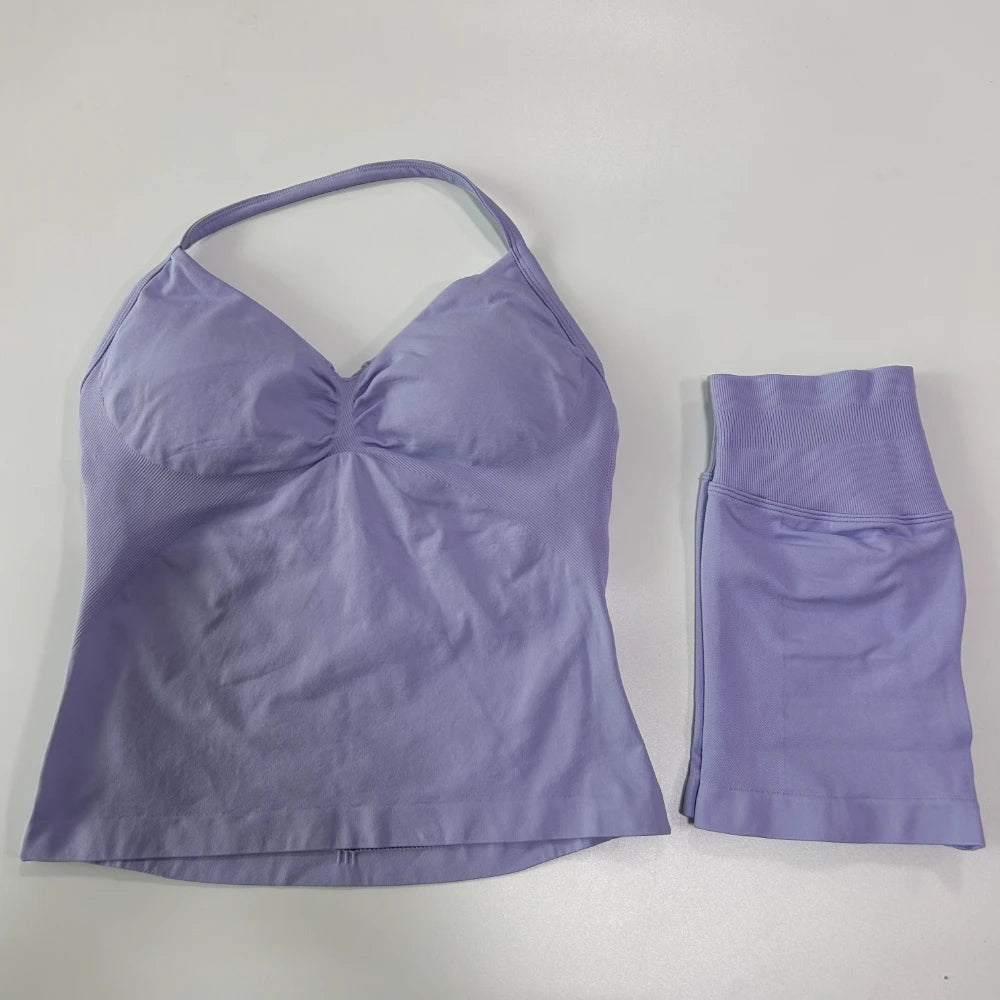 2Pcs Women Backless Tank Tops High Waist Shorts Activewear Workout Sets