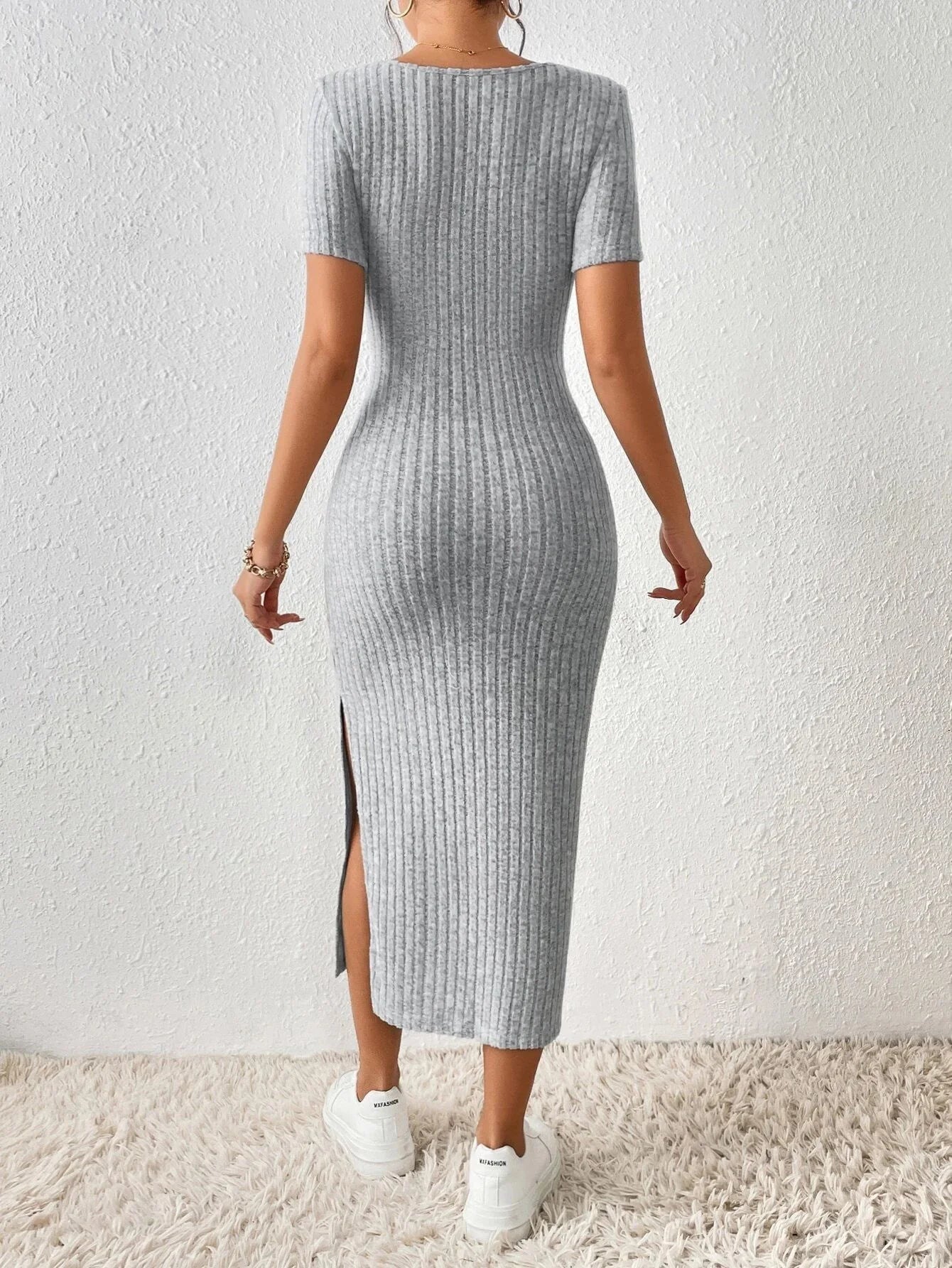 Summer Style Knitted Short Sleeve Square Collar Side Slit Dress